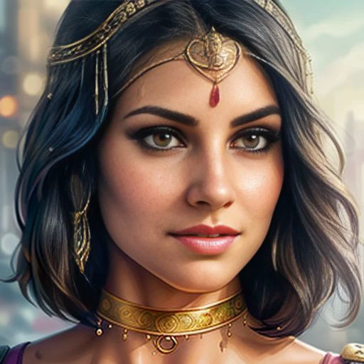 Feminine face,detailed tiara,intricate, elegant, highly detailed, realistic,cinematic,smooth, sharp focus,young Hindu lady,facing camera,((black hair)) , realistic ,(large breasts),steam punk,war background,Hindu ornaments,((nose ring))  <lora:Lauren_Cohan...