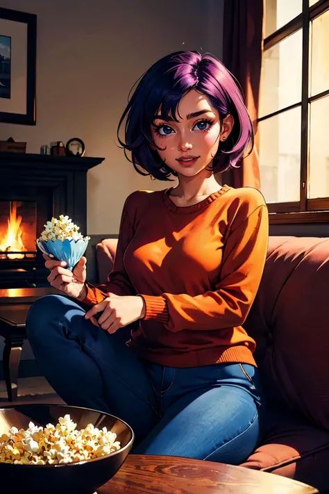 paula small, short purple hair, black eyes, lips, orange sweater, blue pants, looking at viewer, smiling, tired, 
sitting, inside a cozy living room, on sofa, holding a bowl of popcorn, soft lighting, extreme detail, masterpiece,  <lora:PaulaSmall:.7>