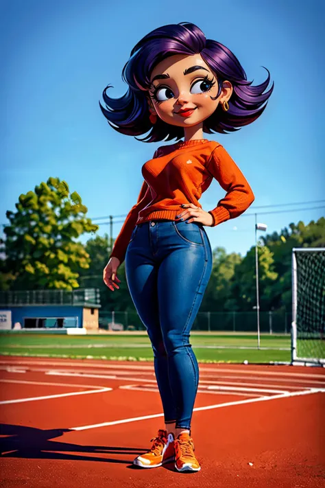 paula small, short purple hair, black eyes, red lipstick, orange sweater, blue pants, blue shoes, looking at viewer, smiling, tired, full body shot, standing, outside, school football field, bleachers, park, blue sky, extreme detail, masterpiece,  <lora:Pa...