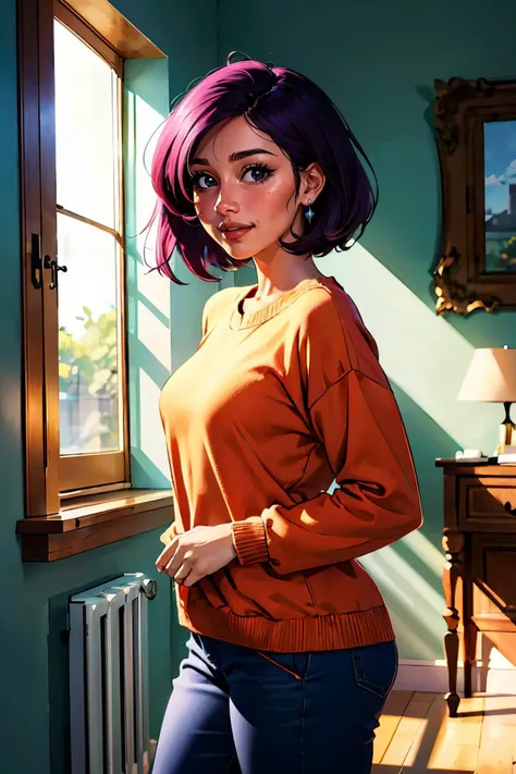 paula small, short purple hair, black eyes, lips, orange sweater, blue pants, looking at viewer, smiling, tired,
standing, inside a cozy living room, window, natural lighting, extreme detail, masterpiece,  <lora:PaulaSmall:.7>