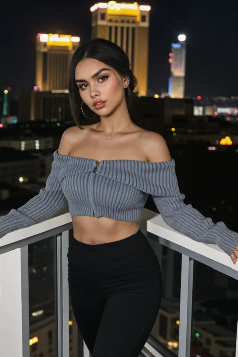 a woman standing on a balcony with a city skyline in the background