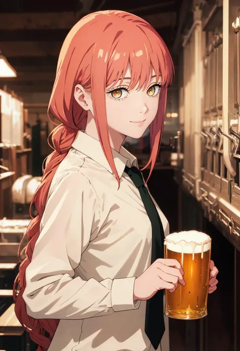 best quality, masterpiece, highres, solo, (makima_chainsawman:1.10), 1girl, collared shirt, orange eyes, white shirt, beer mug, blurry background, black necktie, smile, looking at viewer, looking to the side, anime_style, 6 <lora:makima_chainsawman:0.80>