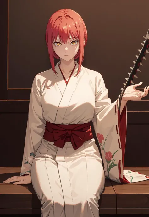 best quality, masterpiece, highres, solo, (makima_chainsawman:1.10), (white kimono:1.35), (red hakama:1.35), (wide sleeves:1.20), anime_style, 19 <lora:makima_chainsawman:0.80>