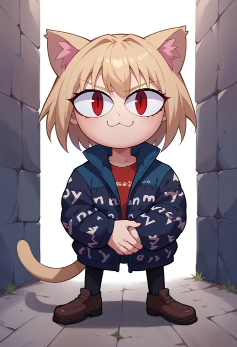 a cartoon cat girl in a blue jacket and red eyes