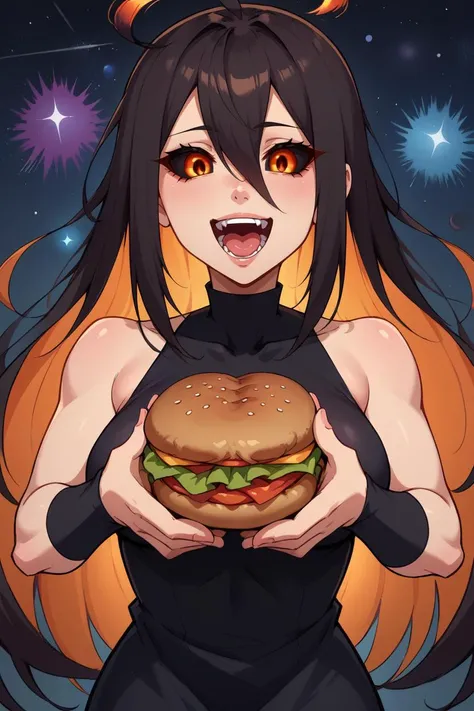 score_9, score_8_up, source_anime, 1girl, BREAK   <lora:gijinkaseries_blackhole_ponyXL:1> blackhole-chan, colored sclera, black dress, outer space, large breasts, holding burgers, open mouth, laughing