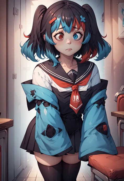 score_9, score_8_up, score_7_up, score_6_up, score_5_up, score_4_up, rating_questionable, BREAK, bent over, <lora:SwitchchanXLPD:.95> Switchchan, heterochromia, sailor collar, sleeves past wrists, sleeves past fingers, school uniform, shirt, serafuku, blac...