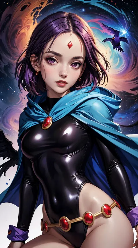 (best quality, masterpiece,highest detailed)(raven_(dc)),<lora:raven-10>,raven-10 portrait photo,short hair,colored skin,grey skin,forehead jewel,leotard,cape,belt,highleg,hood,long sleeves,medium breasts,in dynamic pose,(intricate details, hyperdetailed:1...