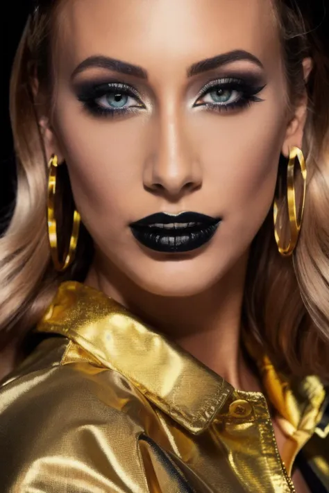 a woman with black lipstick and gold makeup posing for a picture