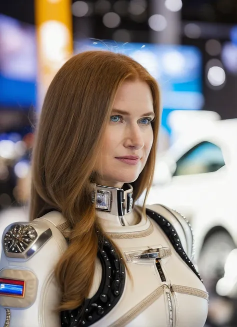 close up RAW professional photo of sks woman posing at (international motor show:1.2), futuristic fashion, wearing (futuristic embellished spacesuit:1.2), over-knee boots, huge breasts, detailed eyes, detailed skin, Redhead ponytail, (bokeh:1.2), highly de...