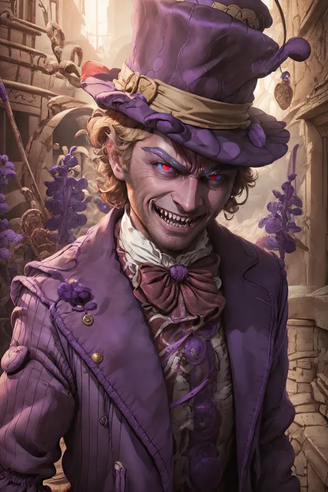 absurdres, masterpiece, extremely detailed CG, 8k, best quality, ultra_detailed, UHD, complex lighting, distinct, detailed eyes and face, willy wonka in the style of 0mib, purple outfit, ((purple hat)), red eyes, angry, grin, teeth, (((fangs))), <lora:Will...