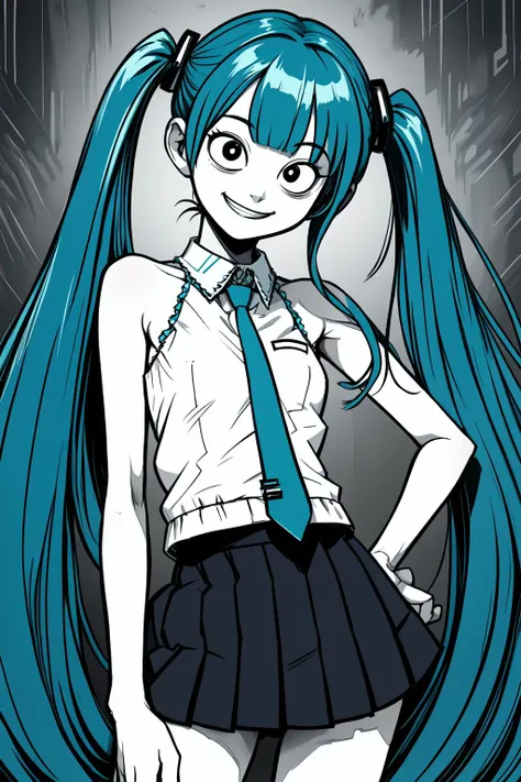 (by artist junji ito style:0.8), (masterpiece:1.2), best quality, masterpiece
hatsune miku, teal hair, long twintails, bare shoulders,  teal necktie, miniskirt, smile, grin, evil face, shaded face,(navel:0.6), 
<lyco:itoStyleLoRA:0.8>