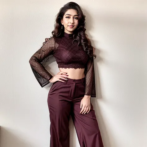 photo of snrk woman, conservatively dressed,  wearing Burgundy high neck Sharara Suit that covers the neck breasts and midriff, dynamic pose, simple urban modern interior background in bokeh <lora:snrk_Sonarika_Bhadoria_SD15_LoRA_prodigy_local_regs-000001:...