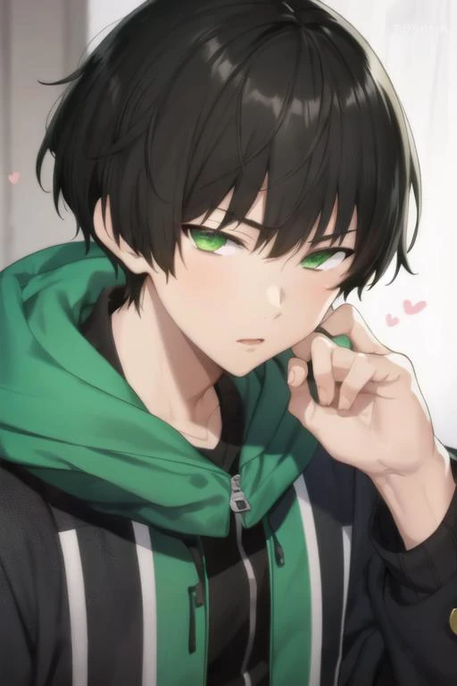 masterpiece, best quality, high quality, 1boy, solo, male focus, looking at viewer, upper body, <lora:hiroomi_nase:0.74>, hiroomi_nase, black hair, green eyes, , jacket