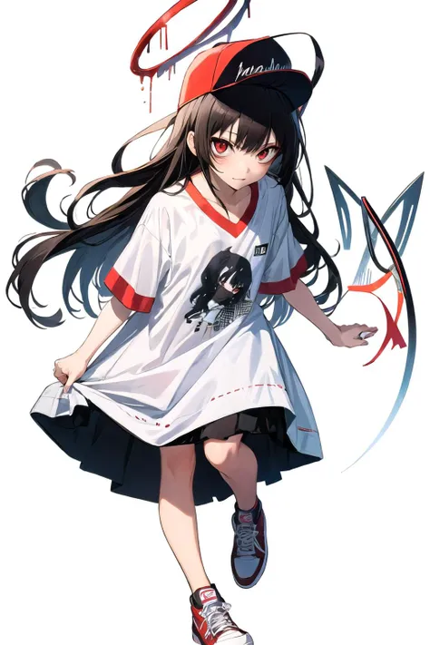 tsurugi ba,  looking at viewer, white background, simple background,  halo,  red eyes, antenna hair, solo, black hair, 1girl, long hair, <lora:tsurugi_ba:1> ,T-shirt dress, sneakers, baseball cap