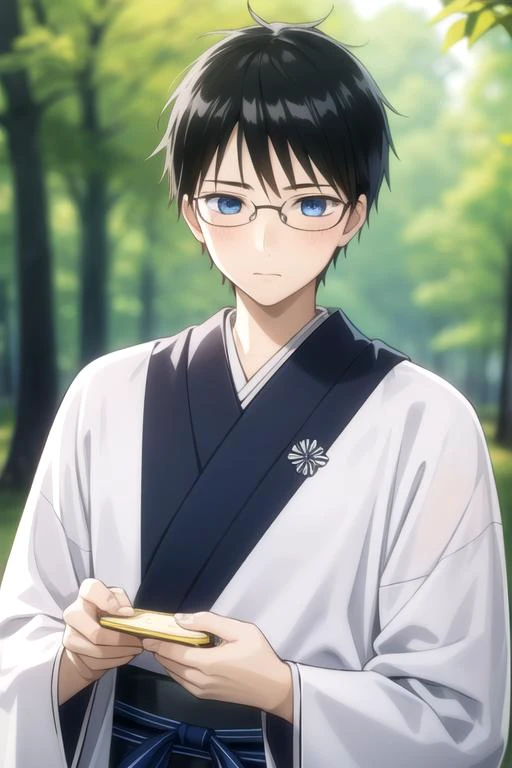 masterpiece, best quality, illustration, 1boy, solo, male focus, looking at viewer, upper body, depth of field, <lora:arata_wataya:0.70>, arata_wataya, black hair, blue eyes, , japanese costume, The Enchanted Forest, 8k resolution