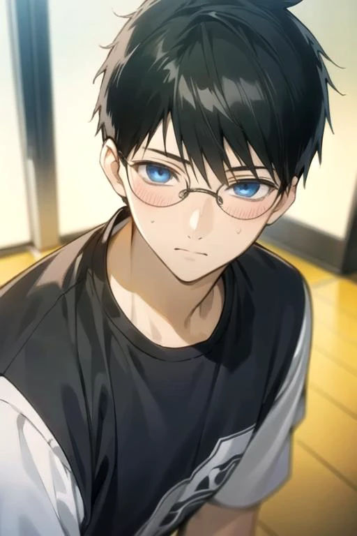 masterpiece, best quality, game cg, 1boy, solo, male focus, looking at viewer, upper body, , <lora:arata_wataya:0.74>, arata_wataya, black hair, blue eyes, glasses, , , ,