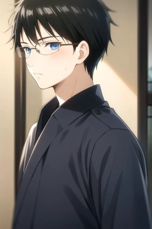 masterpiece, best quality, illustration, 1boy, solo, male focus, looking at viewer, upper body, depth of field, <lora:arata_wataya:0.66>, arata_wataya, black hair, blue eyes, , psycho costume, world war 2,