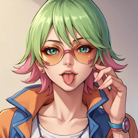 <lora:sonosheemclaren_v2:1>
score_9, score_8_up, score_7_up, score_6_up, score_5_up, score_4_up,
sonoshee mclaren, 1girl, solo, green hair, multicolored hair, pink hair, tongue, green eyes, tongue out, midriff, short hair, :q, sunglasses