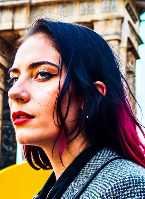 portrait of sks woman in Berlin, at the Brandenburg Gate, by Flora Borsi, style by Flora Borsi, bold, bright colours, ((Flora Borsi)), by Edward Weston, <lora:locon_charlottesartre_v1_from_v1_64_32:1>