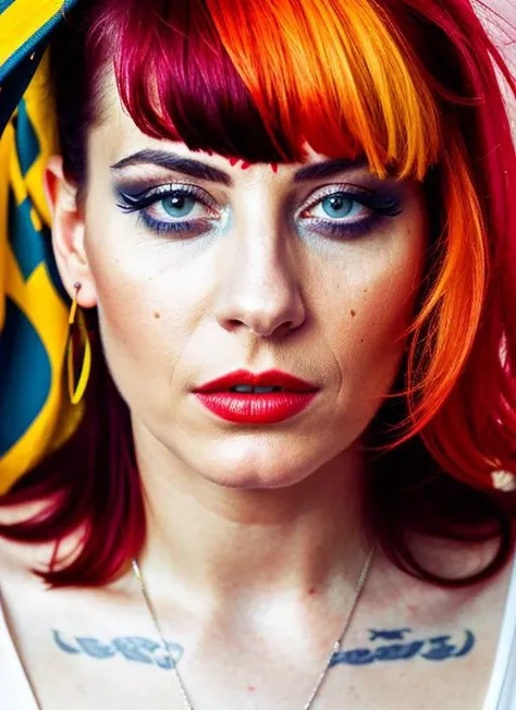 close up portrait of sks woman , by Flora Borsi, style by Flora Borsi, bold, bright colours, ((Flora Borsi)), by Peter Lindbergh, <lora:locon_charlottesartre_v1_from_v1_64_32:1>