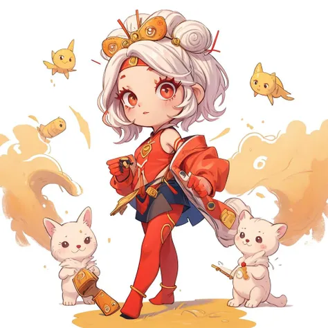 a cartoon image of a girl with a sword and two cats