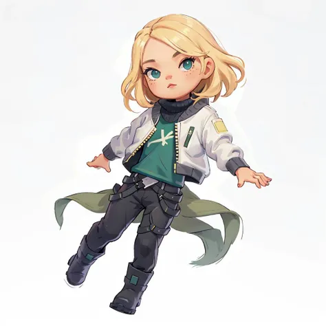 (masterpiece, best quality:1.2),
  <lora:deadlock-nvwls-v1:0.7> deadlock, white jacket, blonde hair, green shirt, black pants, boots, full body, simple background, white background, <lora:justduet_anyv5_r50_768_a128-d16_adamW-000006:0.6>