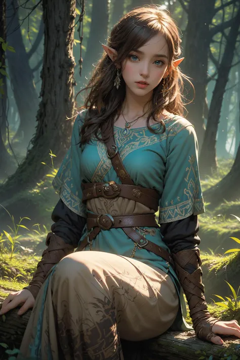 (dim light:1.4),
Best quality, masterpiece, ultra high res, raw photo, beautiful and aesthetic,deep shadow, dark theme,(photorealistic:1.4),
1girl, legend of zelda link between forest, in the style of romantic illustrations, goblin academia, green and bron...