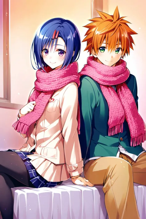 1girl,haruna sairenji,  bow, skirt, hair ornament, purple eyes, blue hair, scarf, shared scarf, 1boy, yuuki rito, shirt, orange hair, green eyes, shared clothes, couple, hetero, heart, smile, bag, short hair, sitting, holding hands,  <lora:Yabuki Kentarou_...