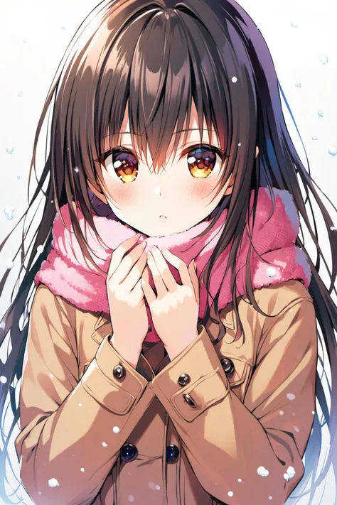 1girl, kotegawa yui, solo, scarf, long hair, black hair, blush, upper body, looking at viewer, bangs, coat, snowing, brown eyes, long sleeves, simple background, <lora:Yabuki Kentarou_XL:0.8>