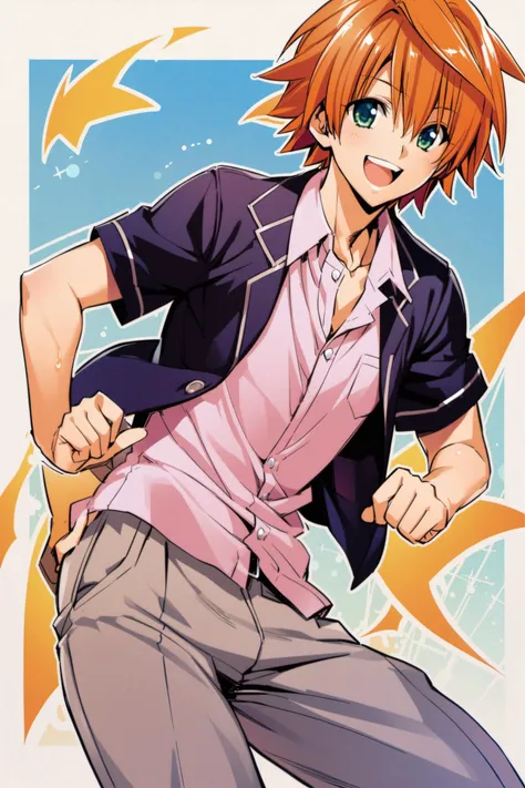 1boy, solo, yuuki rito, school uniform, smile, open mouth, orange hair, short hair, shirt, pants, standing,  <lora:Yabuki Kentarou_XL:0.8>