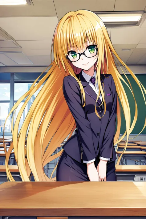 anime girl with long blonde hair standing in front of a desk