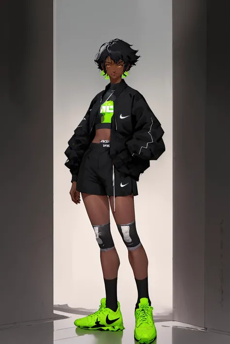 <lora:NijiV3Fantasy:0.8>,1girl, basketball, neon light,solo, shoes, short hair, jacket, sneakers, dark skin, dark-skinned female, shorts, holding, full body, standing, black jacket, socks, black hair, nike, black shorts, long sleeves, english text, bandaid...