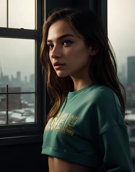 (((masterpiece))),(((best quality))), highly detailed, (1girl), Detailed face. Perfect eyes, highly detailed beautiful expressive eyes, detailed eyes.  standing in front of a window, wearing track pants and cropped sweatshirt, side profile, raining outside...