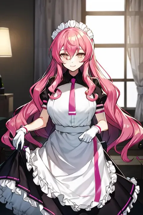 masterpiece, best quality, 8k, official art, cinematic light, ultra high res, <lora:Veronica_anythingv1:1> 1lady, pink hair, long hair, yellow eyes, detailed eyes, maid, maid headdress, maid apron, light smile, pink necktie, ((hotel room)), wideframe + win...