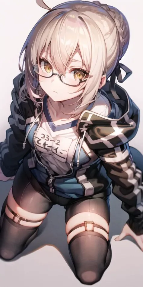 <lora:mhxa_lycoris_v2a:1.2>, mysterious heroine x alter (fate), 1girl, ahoge, bike shorts, braid, brown eyes, french braid, glasses, gym uniform, jacket, off shoulder, pink hair, simple background, solo, thighhighs, track jacket, shirt, looking at viewer, ...