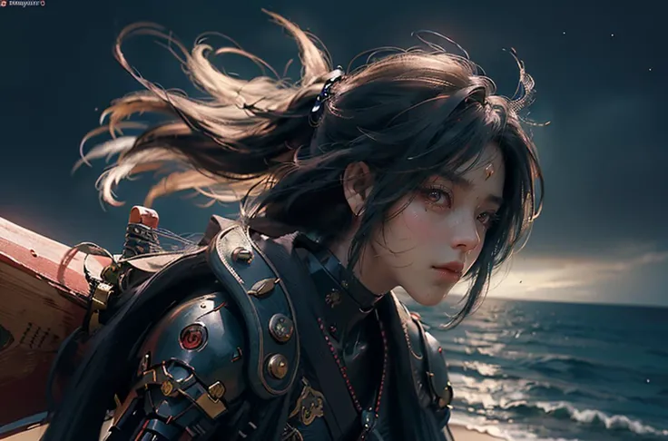 Samuraniji, (masterpiece, best quality:1.3), 8k, HDR, wallpaper, cinematic lighting, samurai,  1girl, looking to the side,(universe),(holding sword:1.1), glowing, armor,glowing eyes, mecha, white background,( sea:1.2). beach<lora:wlop_offset:0.7> wlop <lor...