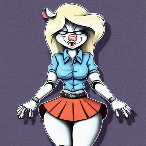 Minerva Mink (Animaniacs), <lora:SxDol-18:1>, SxDol, wide hips, (no pupils), !?, doll_joints, joints, o_o, skirt, tied shirt, best quality, masterpiece, highres