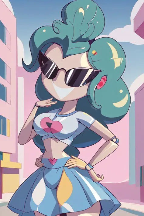 a cartoon girl with sunglasses and a dress in the street