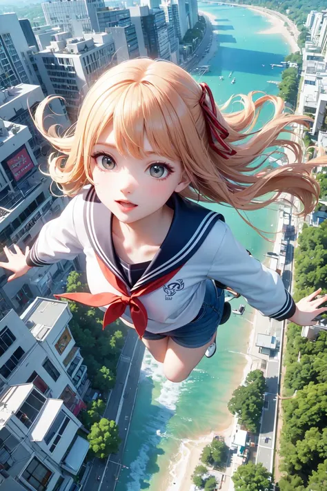 <lora:flying_girl:0.4> (Masterpiece)  flying girl, teen, orange sailor suite, high Angle, wide view, candid, accelerating, fly,float, ribbon, water drop, garden, village, landscape, 8k, UHD