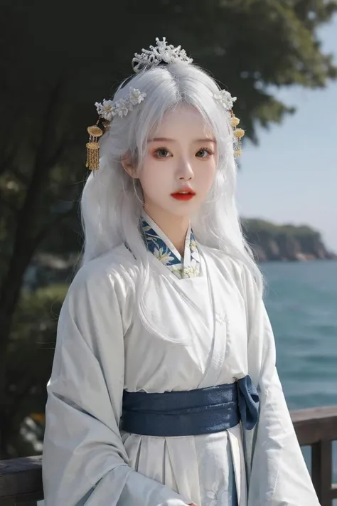 masterpiece,best quality,1girl,solo,(Long white hair:1.1),By the sea,hanfu,upper body,Long sleeves,