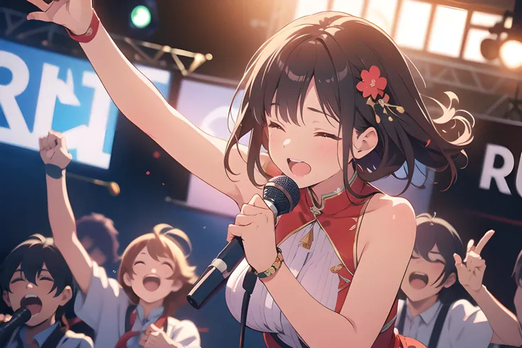 anime girl singing into a microphone with other people watching