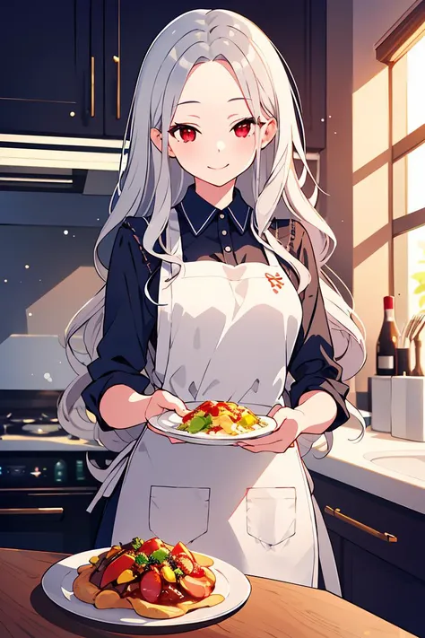 masterpiece, best quality, highly detailed, 1girl, solo, long hair, silver hair, (wavy hair:1.1), (forehead:1.2), red eyes, mature, adult, medium breasts, kitchen, preparing food, happy, bokeh, tyndal effect, light particles, apron, holding plate, half-clo...