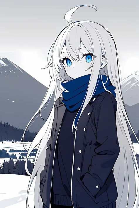 anime girl with long white hair and blue eyes standing in front of a mountain