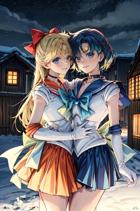 (masterpiece, best quality),2girls,yuri,<lora:yurikiss:0.75>,night view background,snow,windy,<lora:add_detail:1>,nice hands,
BREAK
<lora:sailor_venus_v2:1.2>,sv1,sailor senshi uniform,orange skirt,elbow gloves,tiara,orange sailor collar,red bow,orange cho...