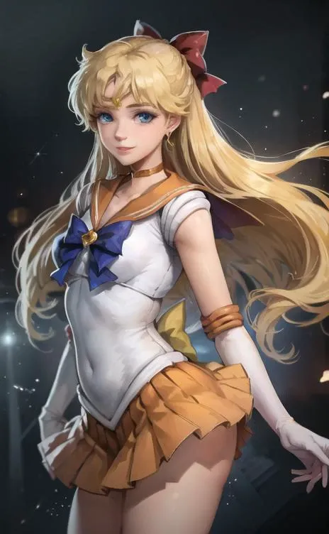 beautiful, masterpiece, best quality, masterpiece, best quality, highres, venus1, 1girl, solo, sailor senshi uniform, sailor venus, aino minako, blonde hair, magical girl, blue eyes, orange skirt, elbow gloves, tiara, pleated skirt, hair bow, orange sailor...