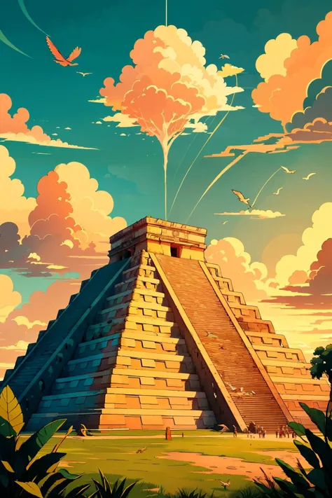 a painting of a pyramid with a bird flying over it