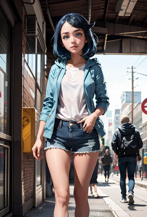 (masterpiece, best quality), 1girl,    <lora:Liko_Pokemon_v2:0.8> liko (pokemon), blue hair, hair clip,  white shirt, hooded jacket, open jacket, denim shorts,