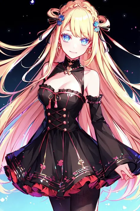 ultra detailed, masterpiece, best quality, solo, soft smile, light smile,
1girl, blue eyes, very long hair, blonde hair, long blonde hair, french braid, bangs, medium breasts,
hair ribbon, frilled choker, criss-cross halter, sleeveless dress, high-waist sk...