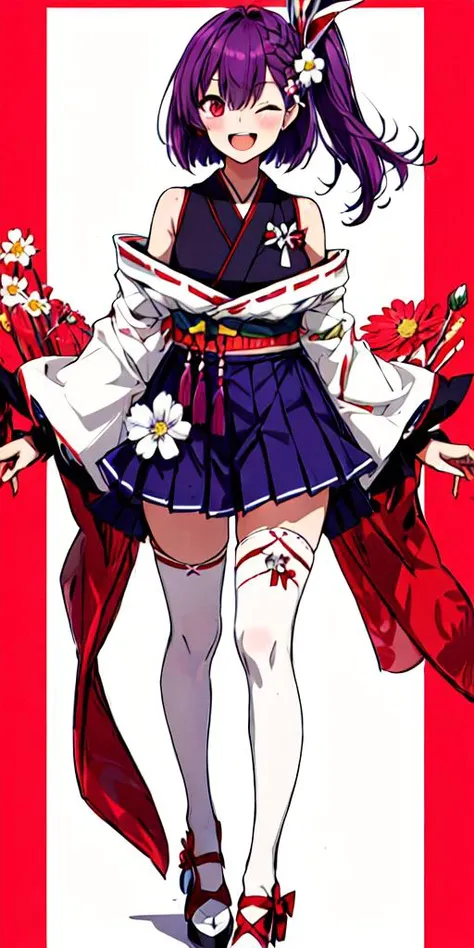 tenjin kotone,solo,1girl,<lyco:tenjin kotone:0.7>,1girl, solo, one eye closed, red eyes, purple hair, hair ornament, thighhighs, skirt, hair flower, open mouth, white thighhighs, virtual youtuber, smile, pleated skirt, flower, looking at viewer, bare shoul...