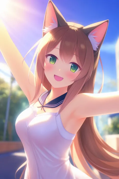 extremely aesthetic, best quality, newest, 1girl, solo, depth of field, pov, looking at viewer, blush, cat ears, light smile, open arms, armpits,